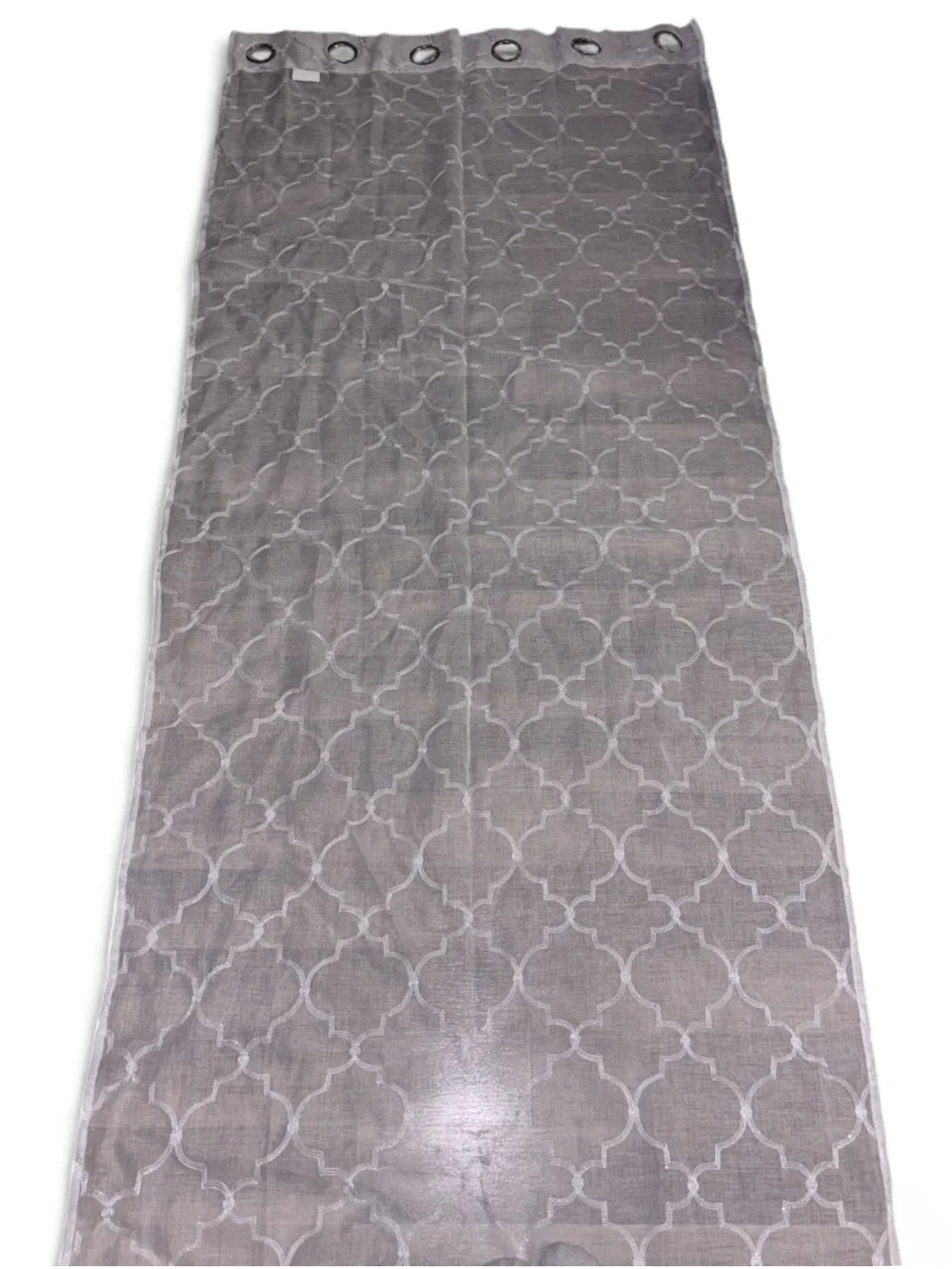 Sheer White Grommet Curtain Panel with Subtle Trellis Embroidery